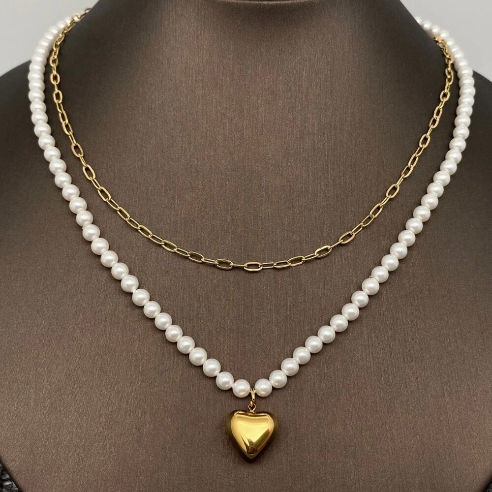 Elegant Pearl Heart Pendant Necklace - 18K Gold Plated, Stainless Steel